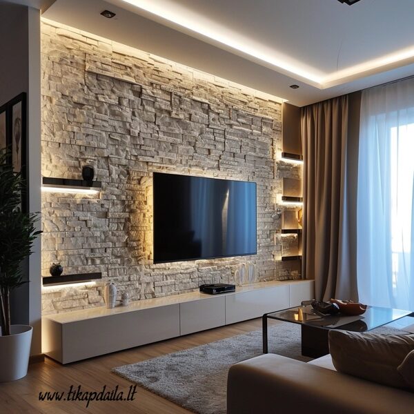 TV sienų apdaila dekoratyviniu akmeniu 35eur. kvadratinis metras.