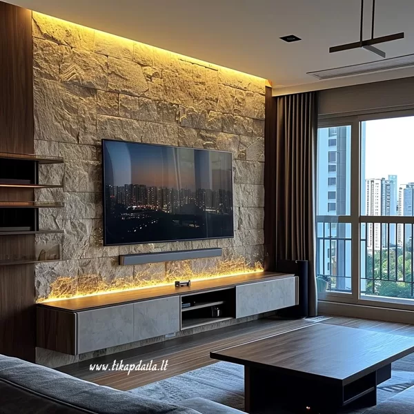 Moderni televizoriaus zona, kurioje susijungia natūrali akmens tekstūra ir LED šviesos žaismas.